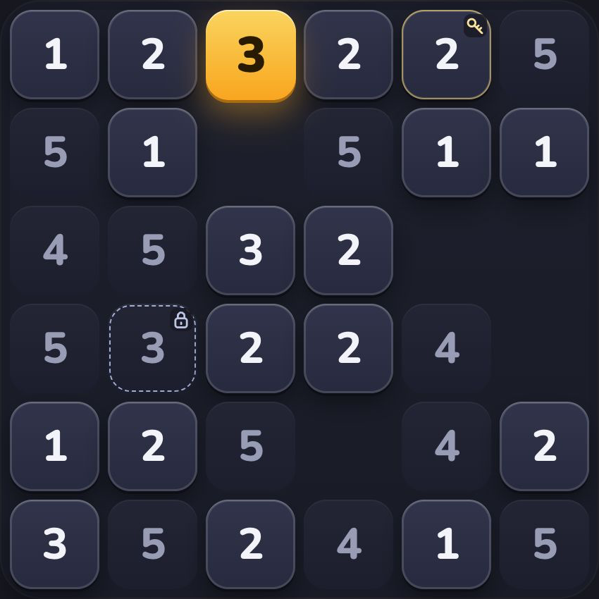 Actual game board with a key tile and a locked 3 tile