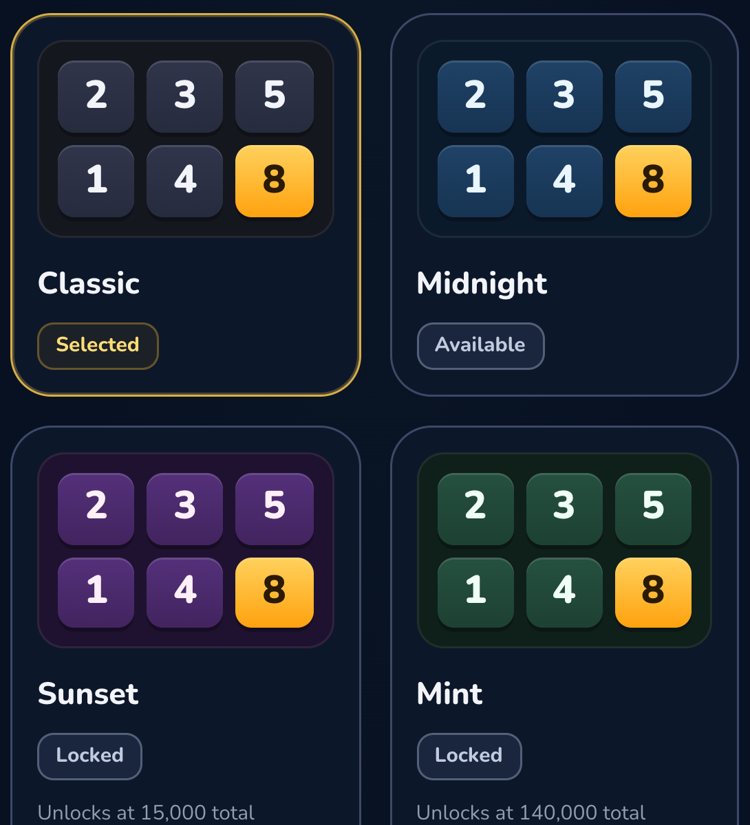 Classic, Midnight Blue, Sunset and Mint theme choices