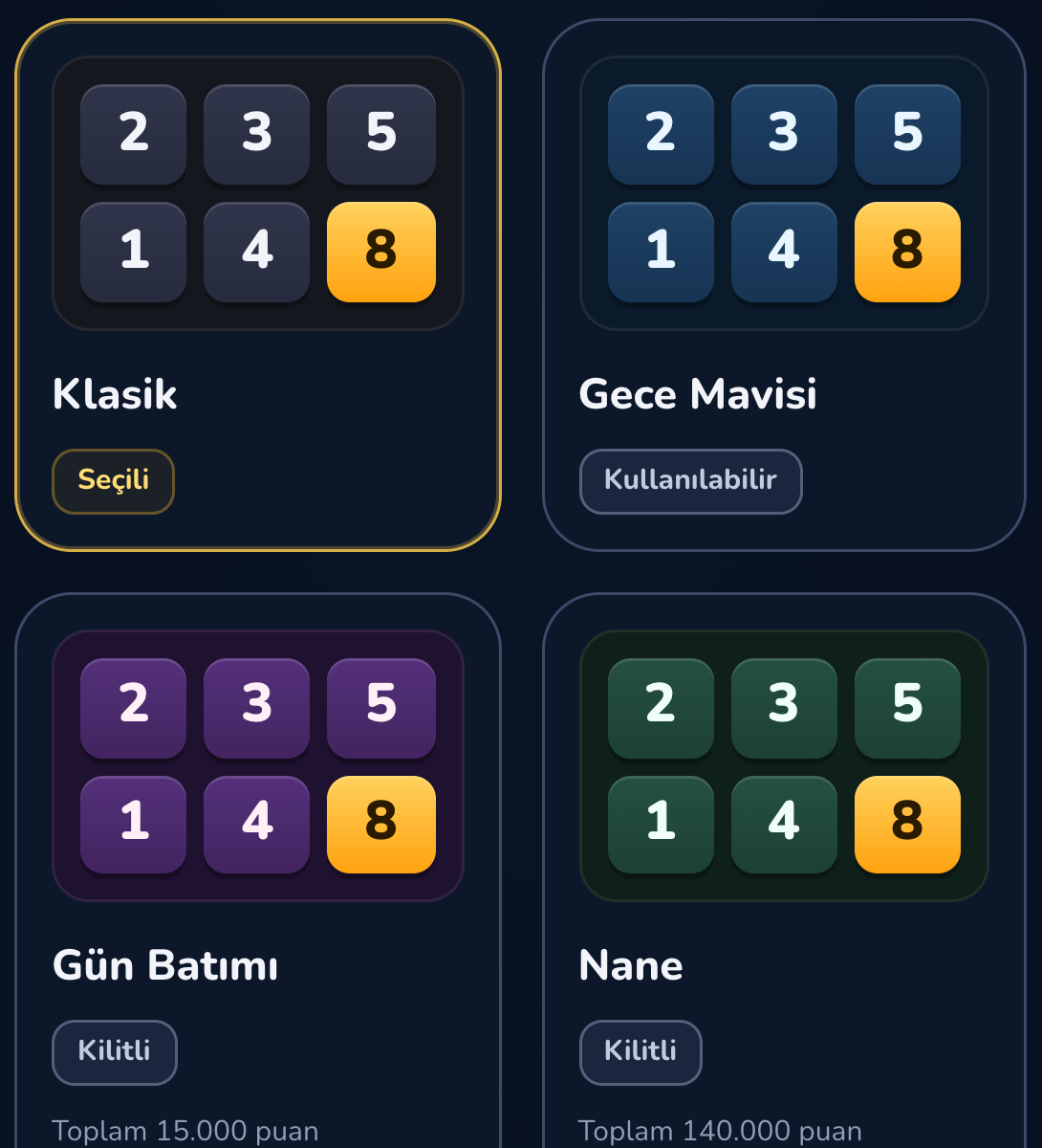 Klasik, Gece Mavisi, Gün Batımı ve Nane tema seçenekleri